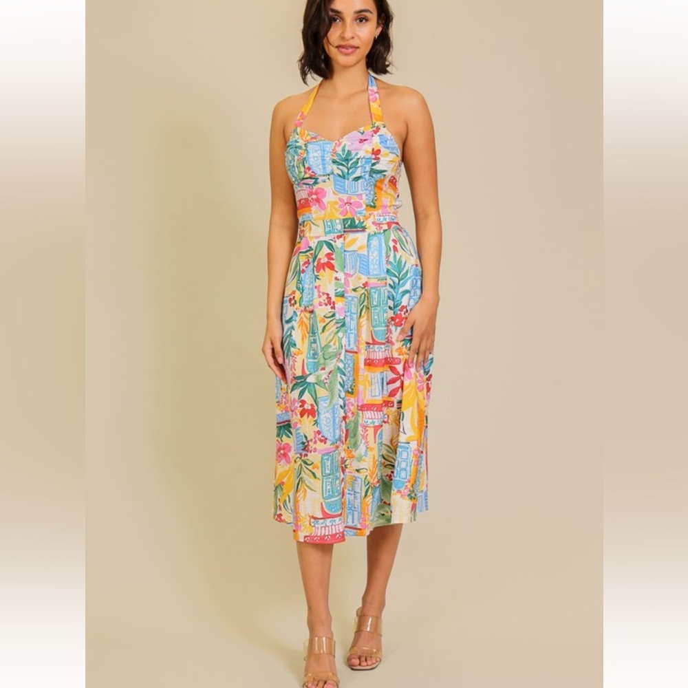 #353 Tropical Halter Dress - Multicolor